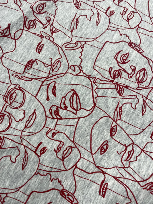 FACES IN THE CROWD – ABSTRACT PORTRAIT SWEATSHIRT FLEECE FABRIC – GREY MARL – 158cm WIDE