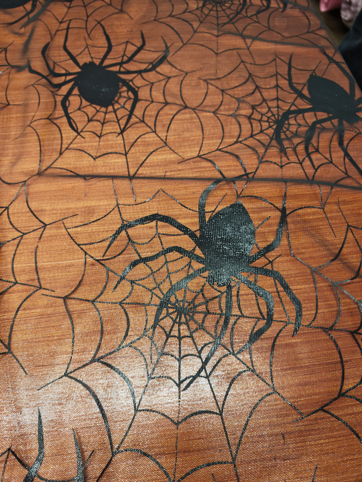 MIDNIGHT WEB – BLACK SPIDER FLOCKED-EFFECT MESH FABRIC – 100% POLYESTER – 154cm WIDE