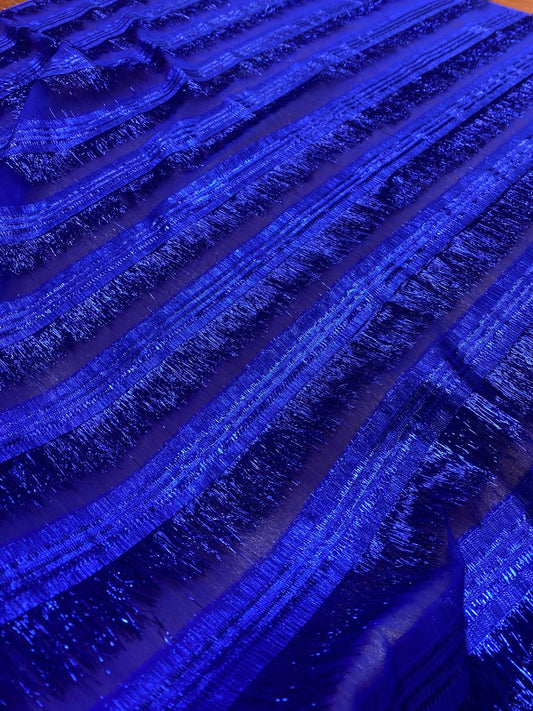 ELECTRIC BLUE SHIMMER FRINGE – METALLIC STRIPE FABRIC – 115cm WIDE
