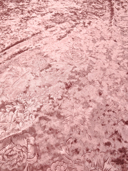 PINK EMBOSSED FLORAL STRETCH VELOUR FABRIC – DUSKY PINK ROSE DESIGN – 164cm WIDE