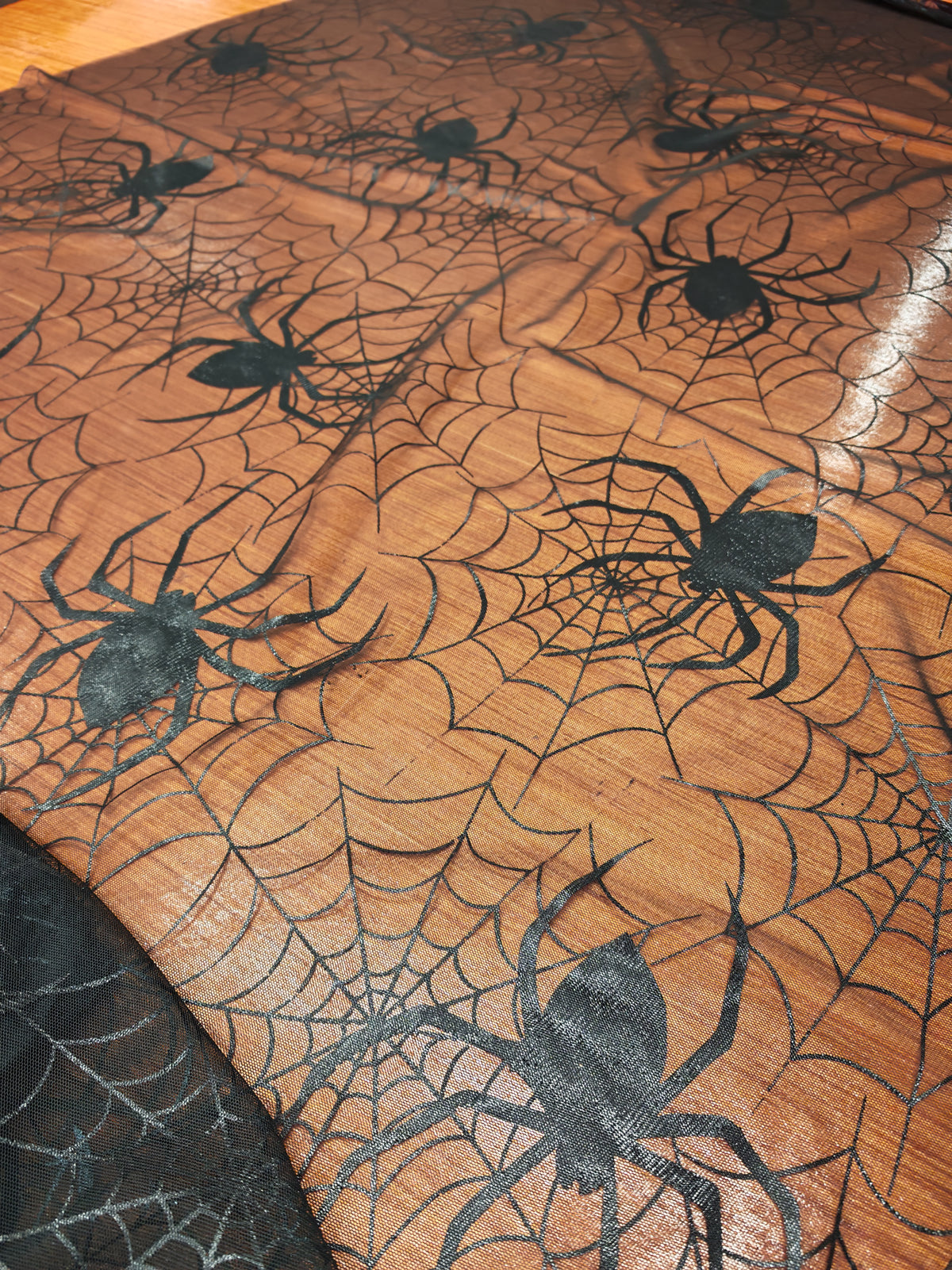 MIDNIGHT WEB – BLACK SPIDER FLOCKED-EFFECT MESH FABRIC – 100% POLYESTER – 154cm WIDE