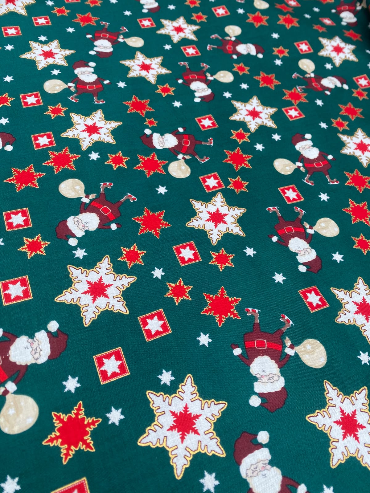 CHRISTMAS SANTA SNOWFLAKE – 100% COTTON CHRISTMAS FABRIC – 140cm WIDE