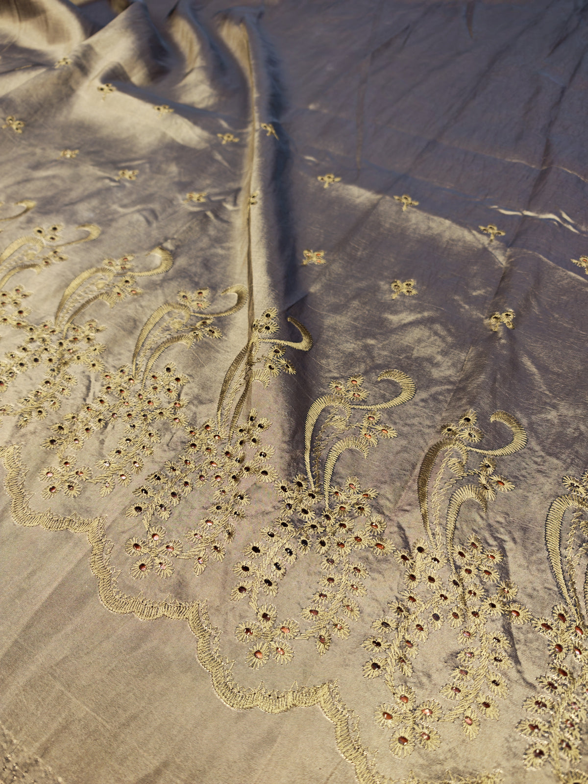 MOSS BRONZE BRODERIE TAFFETA – EMBROIDERED BORDER POLYESTER FABRIC – 150cm WIDE