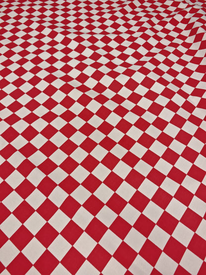 RACING RED – RED & WHITE CHECKERBOARD POLYCOTTON FABRIC – 150cm WIDE