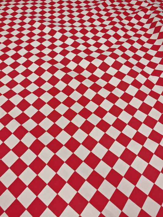 RACING RED – RED & WHITE CHECKERBOARD POLYCOTTON FABRIC – 150cm WIDE