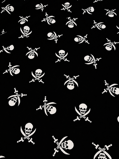 PIRATE SKULL – 100% COTTON FABRIC – BLACK & WHITE SKULL AND CROSSED SWORDS – 140cm WIDE