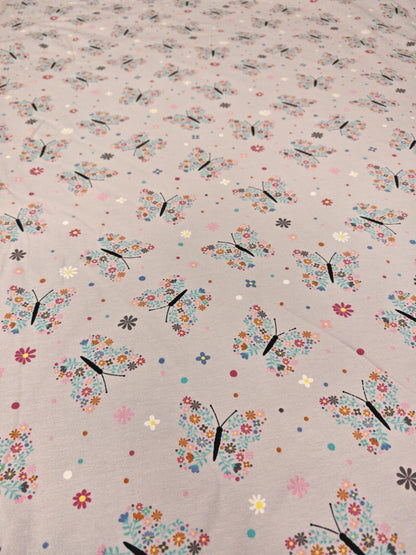 FLORAL BUTTERFLIES – COTTON JERSEY FABRIC – 143cm WIDE – 95% COTTON 5% ELASTANE