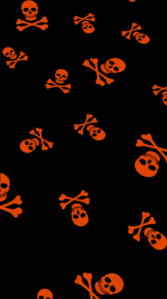 HALLOWEEN SKULL & BONES – POLYESTER FABRIC – ORANGE ON BLACK – 149.5cm WIDE