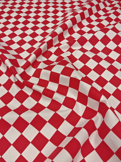 RACING RED – RED & WHITE CHECKERBOARD POLYCOTTON FABRIC – 150cm WIDE