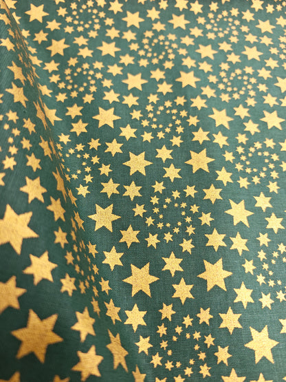 CHRISTMAS GOLD STARS – METALLIC GOLD – 100% COTTON FABRIC – 141cm WIDE