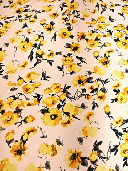 YELLOW WATERCOLOUR FLORAL FOUR-WAY STRETCH FABRIC – 150cm WIDE