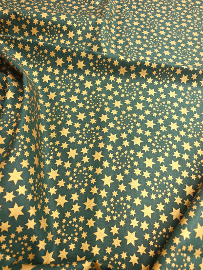 CHRISTMAS GOLD STARS – METALLIC GOLD – 100% COTTON FABRIC – 141cm WIDE