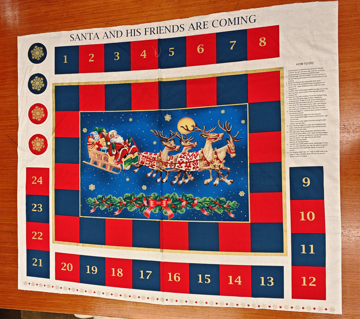 SANTA AND HIS FRIENDS ARE COMING – CUT & SEW ADVENT CALENDAR PANEL – 100% COTTON – 112cm x 95.5cm