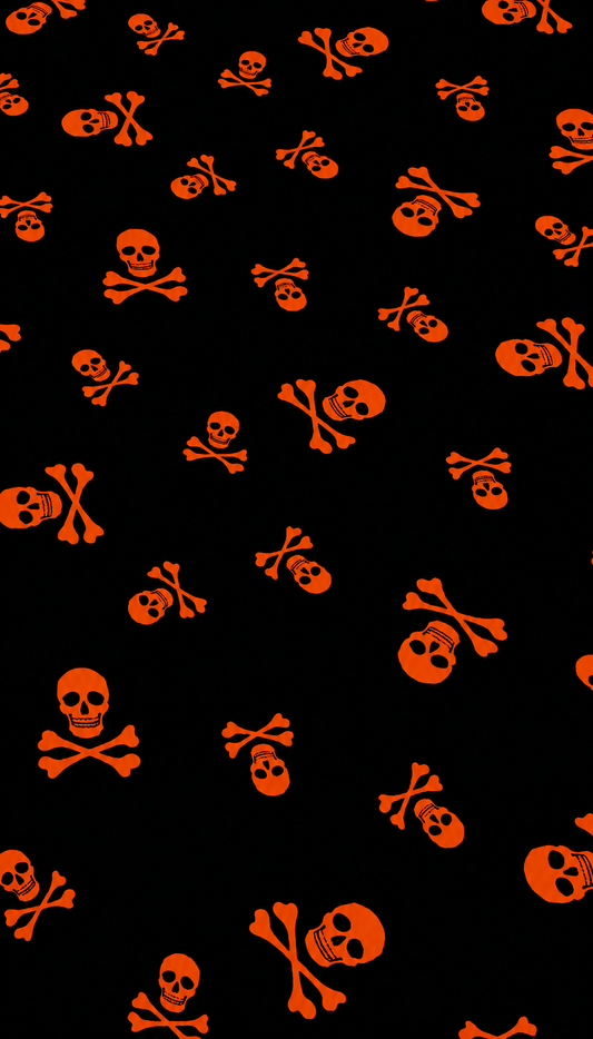 HALLOWEEN SKULL & BONES – POLYESTER FABRIC – ORANGE ON BLACK – 149.5cm WIDE