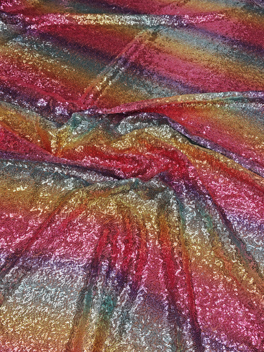 RAINBOW AFTERGLOW – RAINBOW STRIPE SEQUIN MESH FABRIC – 128cm SEQUIN WIDTH / 155cm FULL WIDTH