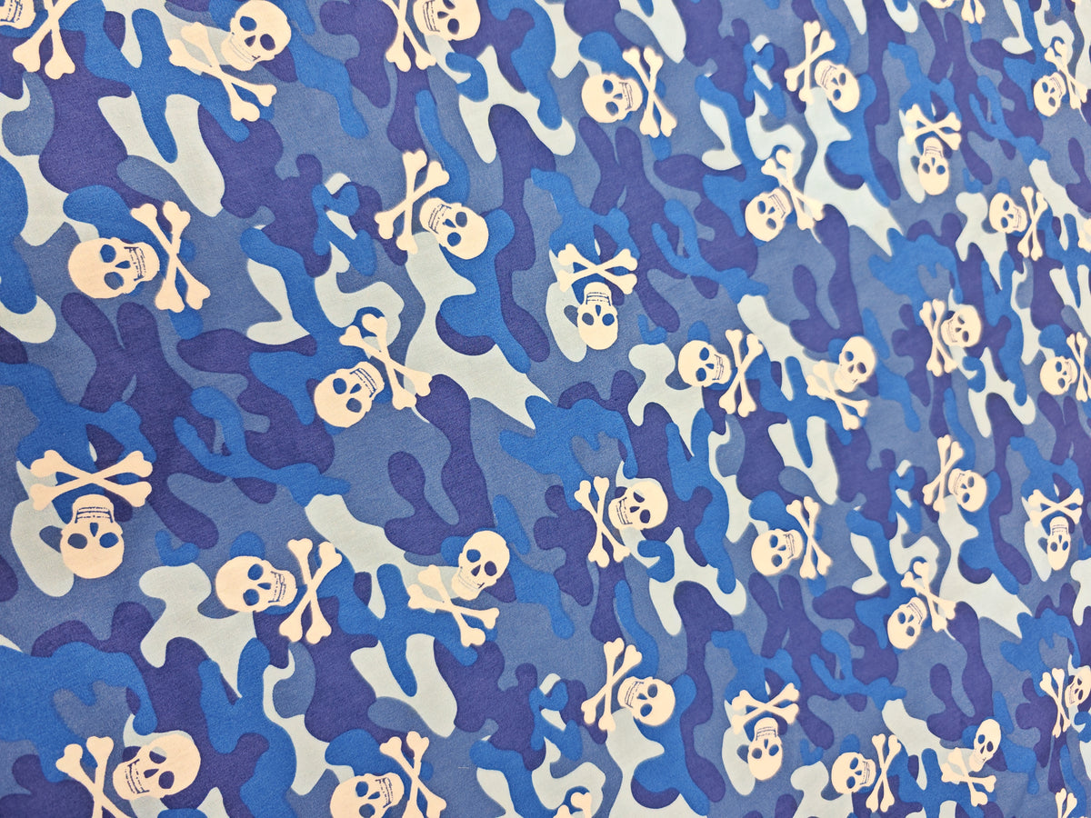 SKULL & CAMO – 100% COTTON POPLIN – BLUE CAMOUFLAGE SKULL PRINT – 147cm WIDE