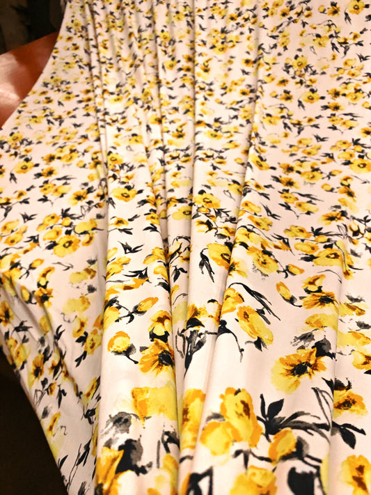 YELLOW WATERCOLOUR FLORAL FOUR-WAY STRETCH FABRIC – 150cm WIDE