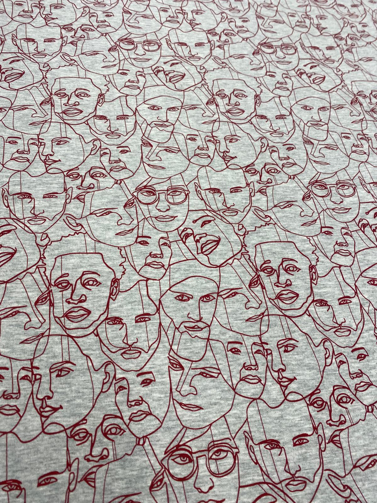 FACES IN THE CROWD – ABSTRACT PORTRAIT SWEATSHIRT FLEECE FABRIC – GREY MARL – 158cm WIDE