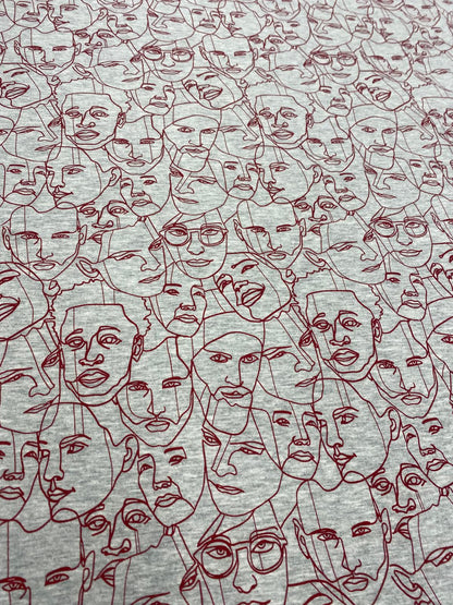 FACES IN THE CROWD – ABSTRACT PORTRAIT SWEATSHIRT FLEECE FABRIC – GREY MARL – 158cm WIDE