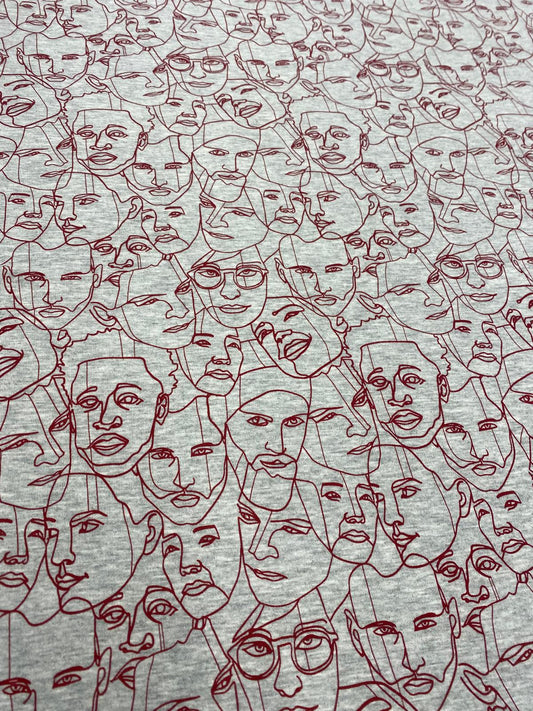 FACES IN THE CROWD – ABSTRACT PORTRAIT SWEATSHIRT FLEECE FABRIC – GREY MARL – 158cm WIDE