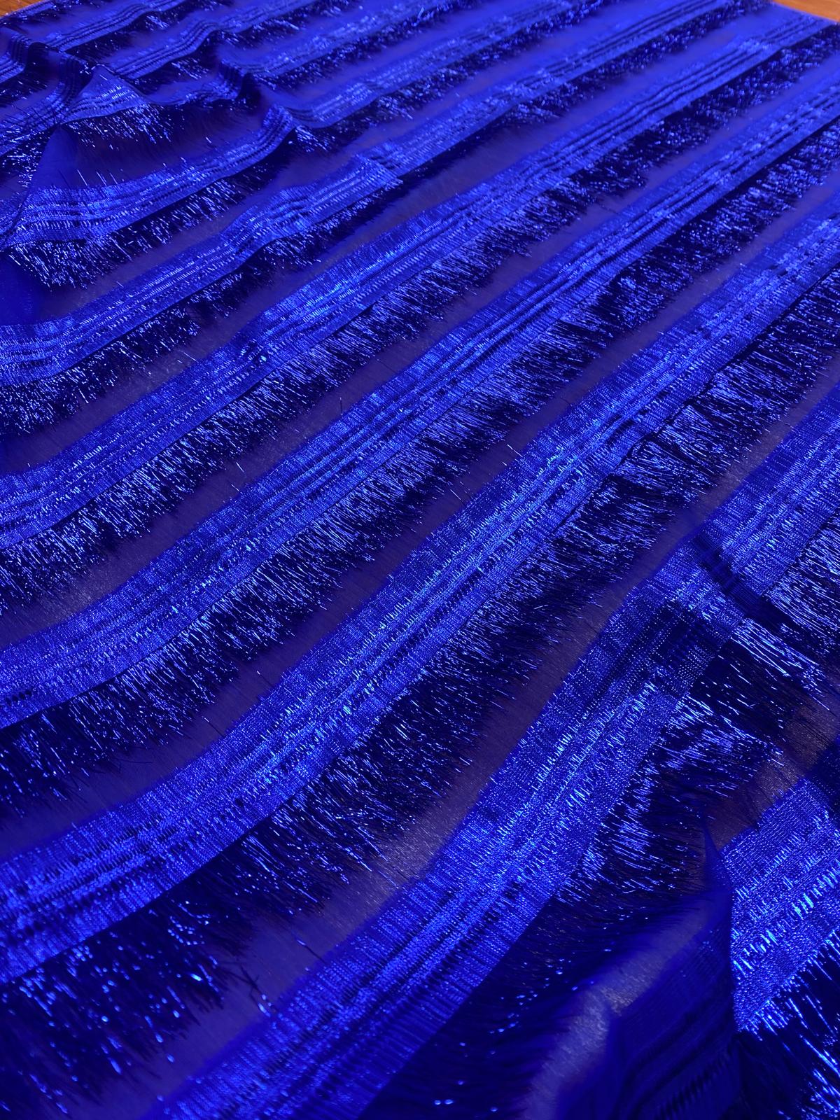 ELECTRIC BLUE SHIMMER FRINGE – METALLIC STRIPE FABRIC – 115cm WIDE
