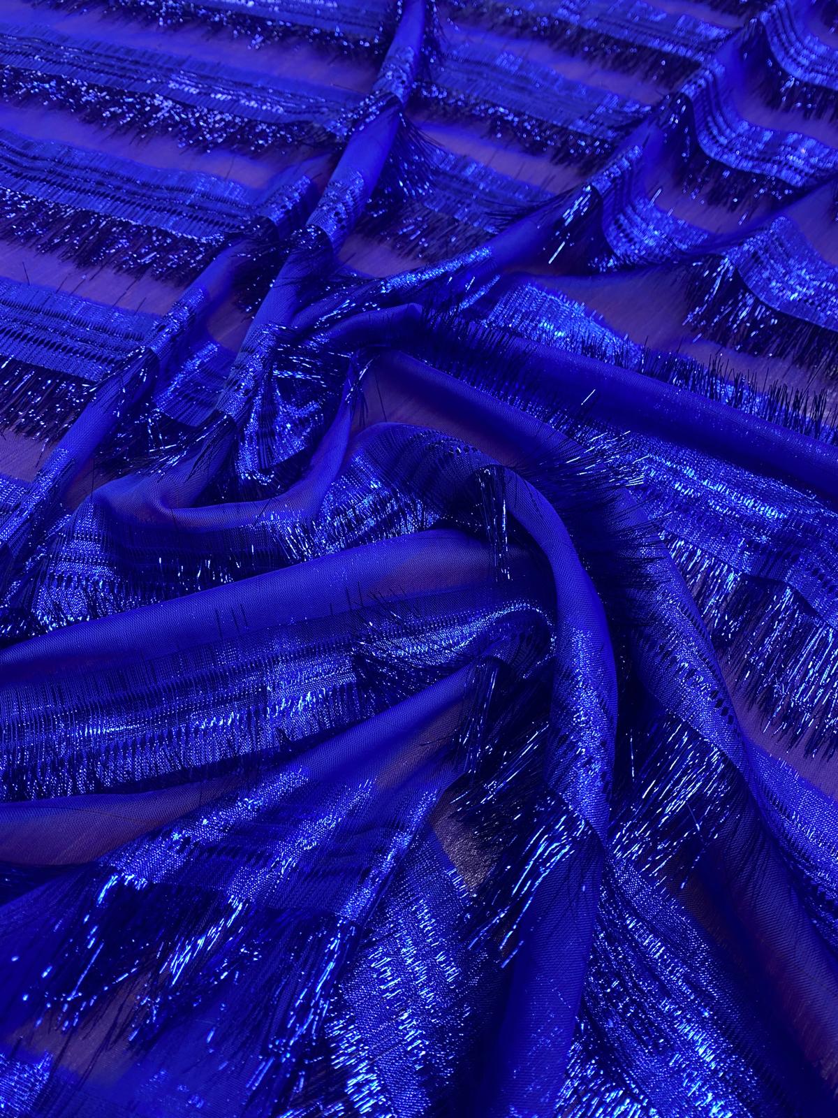 ELECTRIC BLUE SHIMMER FRINGE – METALLIC STRIPE FABRIC – 115cm WIDE