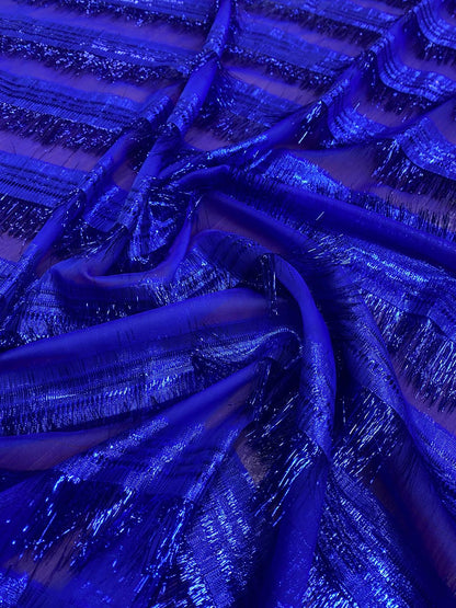 ELECTRIC BLUE SHIMMER FRINGE – METALLIC STRIPE FABRIC – 115cm WIDE