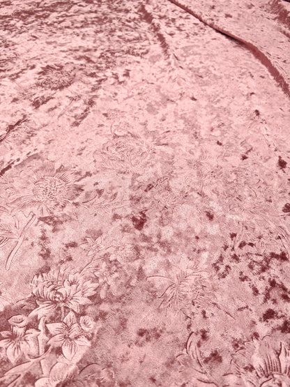 PINK EMBOSSED FLORAL STRETCH VELOUR FABRIC – DUSKY PINK ROSE DESIGN – 164cm WIDE