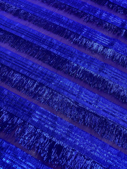 ELECTRIC BLUE SHIMMER FRINGE – METALLIC STRIPE FABRIC – 115cm WIDE
