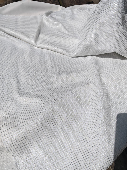 WHITE SEQUIN STRETCH JERSEY FABRIC – 152cm WIDE