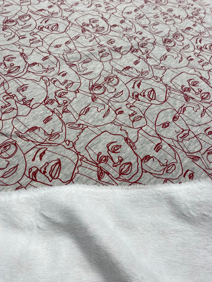 FACES IN THE CROWD – ABSTRACT PORTRAIT SWEATSHIRT FLEECE FABRIC – GREY MARL – 158cm WIDE