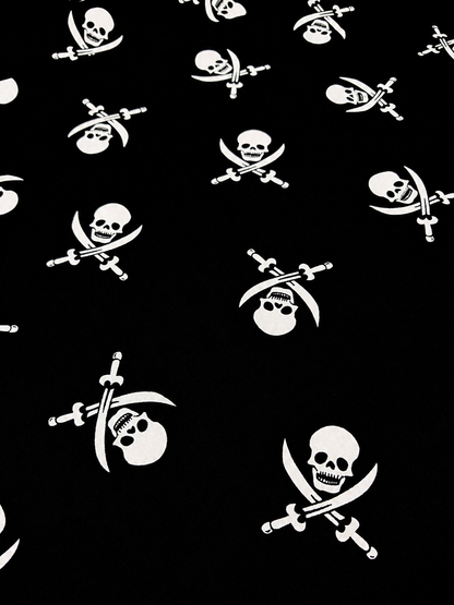 PIRATE SKULL – 100% COTTON FABRIC – BLACK & WHITE SKULL AND CROSSED SWORDS – 140cm WIDE