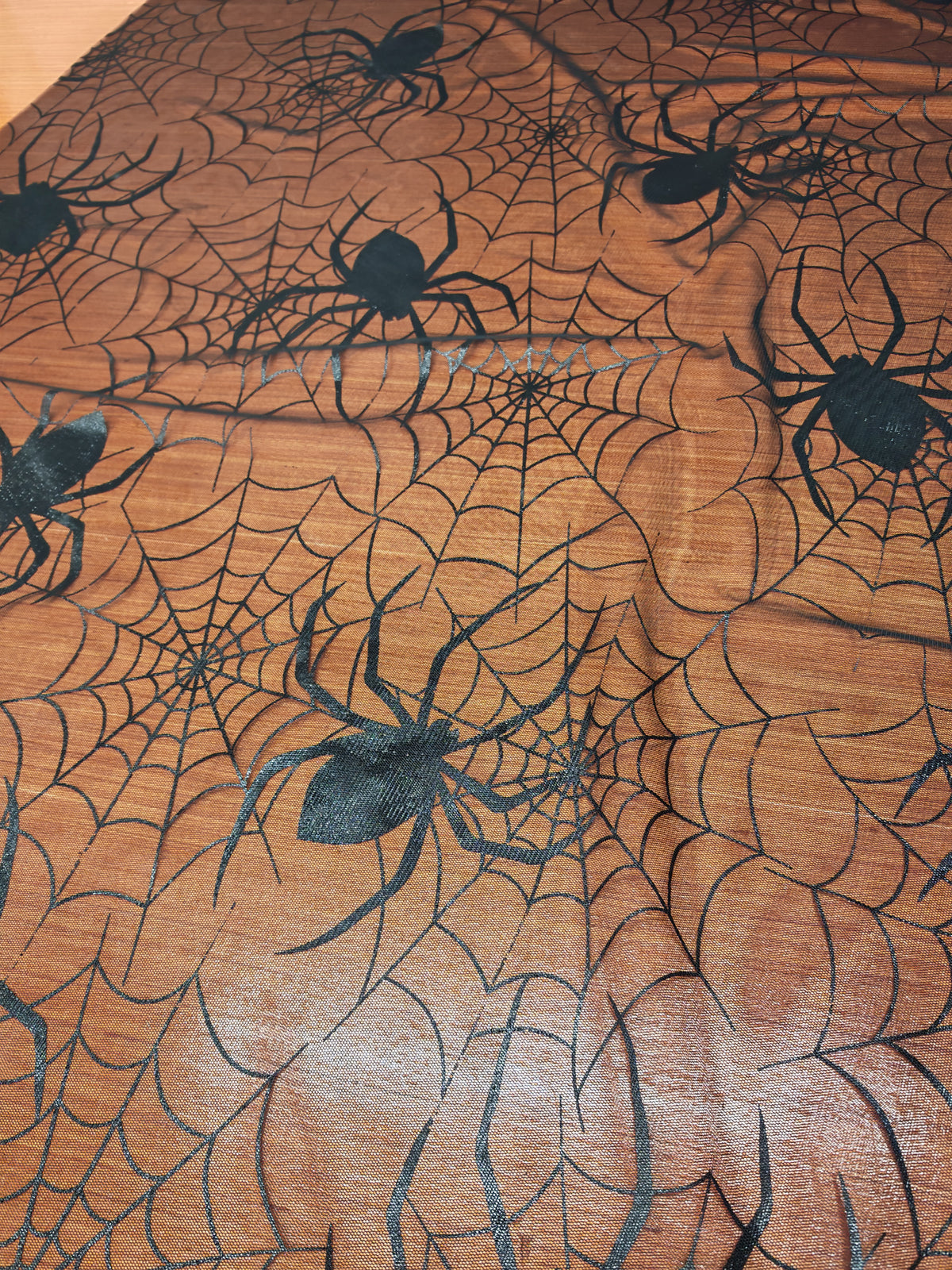 MIDNIGHT WEB – BLACK SPIDER FLOCKED-EFFECT MESH FABRIC – 100% POLYESTER – 154cm WIDE