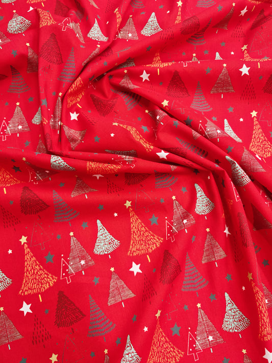 METALLIC CHRISTMAS TREES – RED – 100% COTTON FABRIC – 136cm WIDE