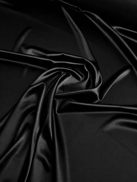 BLACK SATIN WITH STRETCH – POLYESTER SATIN WITH ELASTANE – 147cm WIDE